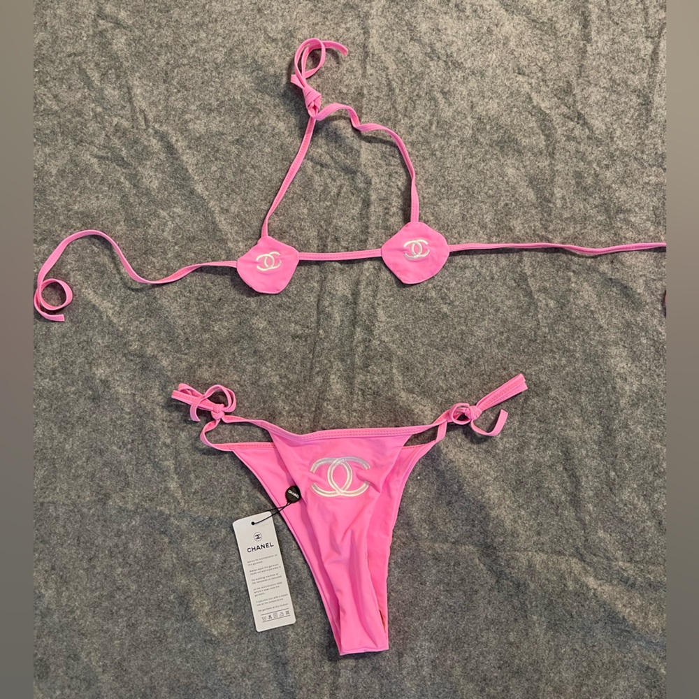 CHANEL Hot Pink Logo Micro String Bikini